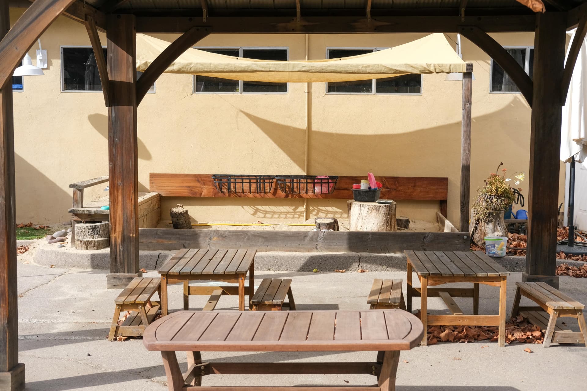Picnic tables under the gazebo